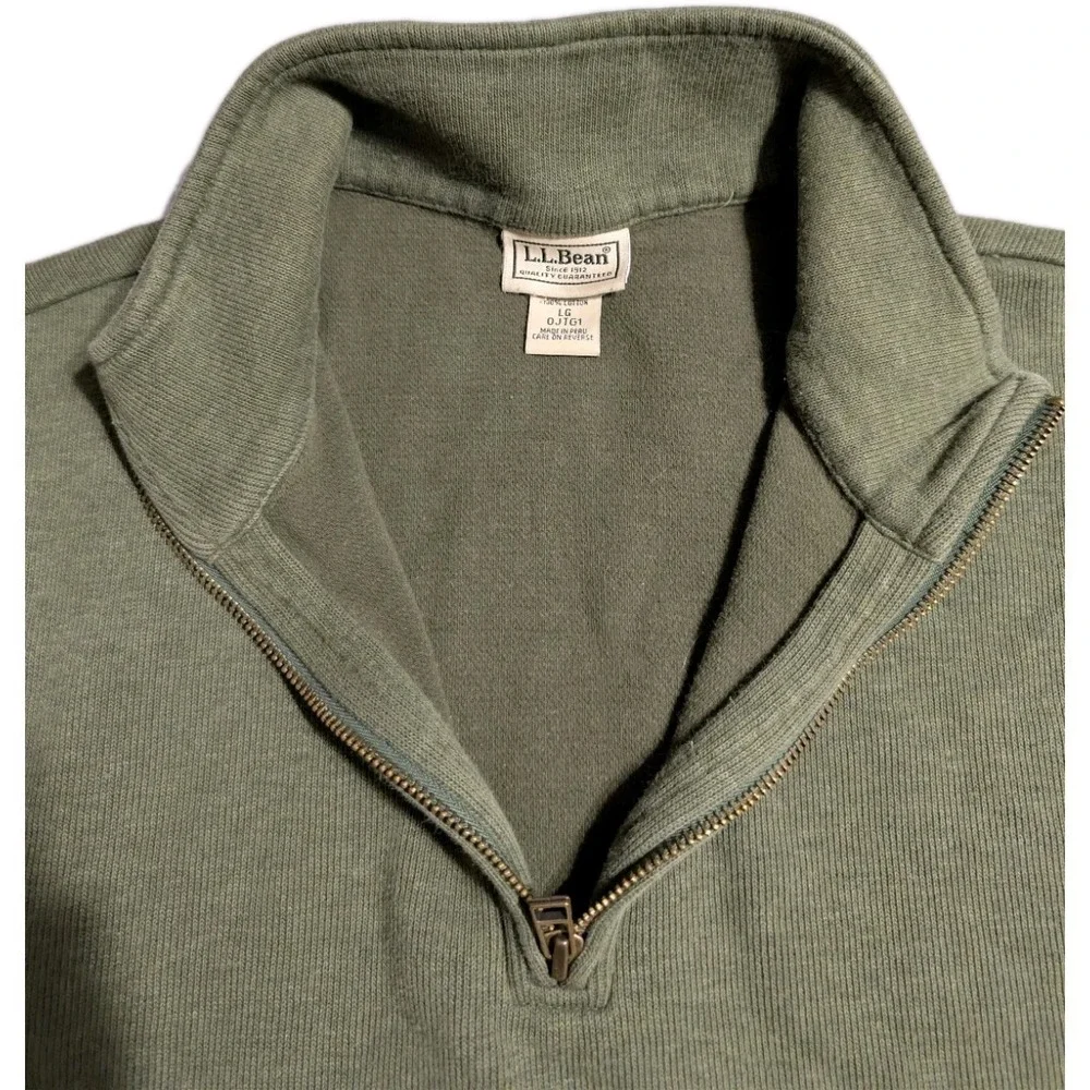 LL Bean Quarter Zip Pullover‎ Sweater Men's Large Green Cotton Made in Peru